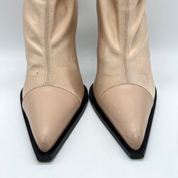 AMIRI Sock Bootie Stiletto Heel Womens 10.5 Tan Neoprene Pointed Leather Cap Toe - Picture 4 of 16